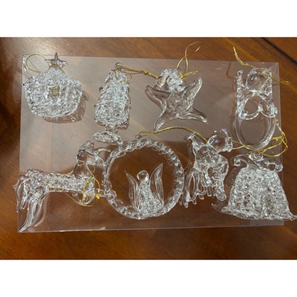 Vtg 9 Pc Spun Glass Clear Christmas Ornaments Tree Angel Bells Horse Star Lot